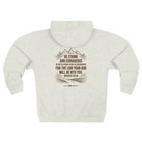 Load image into Gallery viewer, Be Strong and Courageous Zip Hoodie (Mountain/Cross with Brown Lettering on Back)
