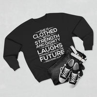 Load image into Gallery viewer, She Is Clothed With Strength And Dignity Unisex Crewneck Sweatshirt (White Lettering)
