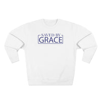 Load image into Gallery viewer, Saved By Grace 1.0 Unisex Crewneck Sweatshirt (Dark Blue Lettering)
