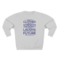 Load image into Gallery viewer, She Is Clothed Unisex Crewneck Sweatshirt (Dark Blue Lettering)
