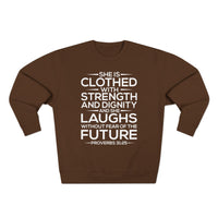 Load image into Gallery viewer, She Is Clothed With Strength And Dignity Unisex Crewneck Sweatshirt (White Lettering)

