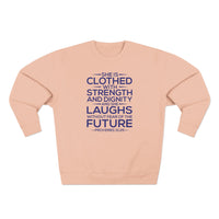 Load image into Gallery viewer, She Is Clothed Unisex Crewneck Sweatshirt (Dark Blue Lettering)
