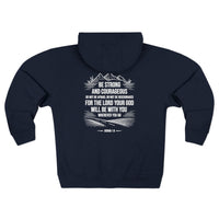Load image into Gallery viewer, Be Strong and Courageous Zip Hoodie (Mountain/Cross Design with White Lettering)
