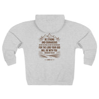 Load image into Gallery viewer, Be Strong and Courageous Zip Hoodie (Mountain/Cross with Brown Lettering on Back)
