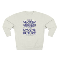 Load image into Gallery viewer, She Is Clothed Unisex Crewneck Sweatshirt (Dark Blue Lettering)

