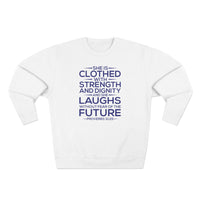 Load image into Gallery viewer, She Is Clothed Unisex Crewneck Sweatshirt (Dark Blue Lettering)
