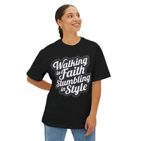 Load image into Gallery viewer, Walking in Faith Stumbling in Style Unisex Oversized Boxy T-Shirt
