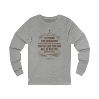 Load image into Gallery viewer, Be Strong and Courageous Unisex Crewneck Long Sleeve T-Shirt (Cross/Mountain with Brown Lettering)
