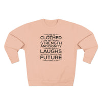 Load image into Gallery viewer, She Is Clothed Unisex Crewneck Sweatshirt (Black Lettering)
