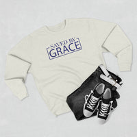 Load image into Gallery viewer, Saved By Grace 1.0 Unisex Crewneck Sweatshirt (Dark Blue Lettering)
