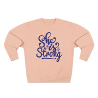 Load image into Gallery viewer, She Is Strong Unisex Crewneck Sweatshirt (Dark Blue Lettering)

