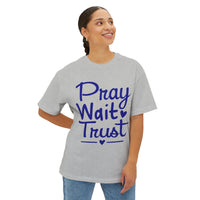 Load image into Gallery viewer, Pray Wait Trust Unisex Oversized Boxy T-Shirt (Dark Blue Lettering)
