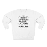 Load image into Gallery viewer, She Is Clothed Unisex Crewneck Sweatshirt (Black Lettering)
