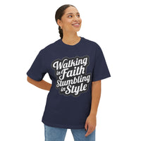 Load image into Gallery viewer, Walking in Faith Stumbling in Style Unisex Oversized Boxy T-Shirt
