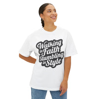 Load image into Gallery viewer, Walking in Faith Stumbling in Style Unisex Oversized Boxy T-Shirt
