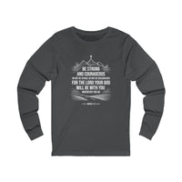 Load image into Gallery viewer, Be Strong and Courageous Unisex Crewneck Long Sleeve T-Shirt (Mountain/Cross with White Lettering)
