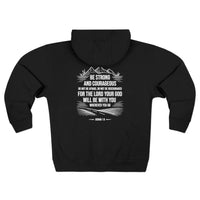 Load image into Gallery viewer, Be Strong and Courageous Zip Hoodie (Mountain/Cross Design with White Lettering)
