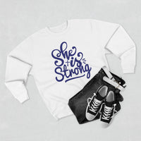 Load image into Gallery viewer, She Is Strong Unisex Crewneck Sweatshirt (Dark Blue Lettering)

