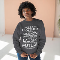Load image into Gallery viewer, She Is Clothed With Strength And Dignity Unisex Crewneck Sweatshirt (White Lettering)
