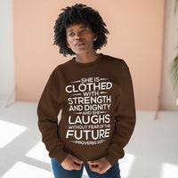 Load image into Gallery viewer, She Is Clothed With Strength And Dignity Unisex Crewneck Sweatshirt (White Lettering)
