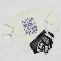 Load image into Gallery viewer, She Is Clothed Unisex Crewneck Sweatshirt (Dark Blue Lettering)
