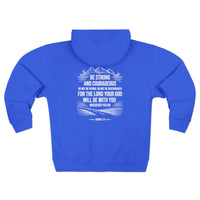 Load image into Gallery viewer, Be Strong and Courageous Zip Hoodie (Mountain/Cross Design with White Lettering)

