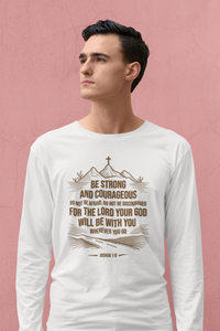 Load image into Gallery viewer, Be Strong and Courageous Unisex Crewneck Long Sleeve T-Shirt (Cross/Mountain with Brown Lettering)
