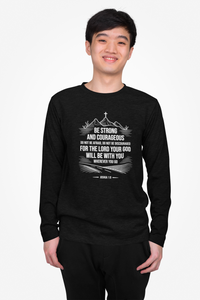 Load image into Gallery viewer, Be Strong and Courageous Unisex Crewneck Long Sleeve T-Shirt (Mountain/Cross with White Lettering)
