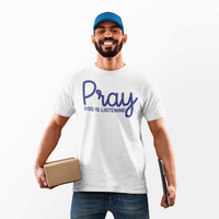 Load image into Gallery viewer, Pray God Is Listening Unisex Oversized Boxy T-Shirt (Dark Blue Lettering)
