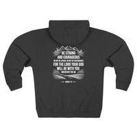 Load image into Gallery viewer, Be Strong and Courageous Zip Hoodie (Mountain/Cross Design with White Lettering)
