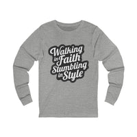 Load image into Gallery viewer, Walking in Faith Stumbling in Style Unisex Crewneck Long Sleeve T-Shirt
