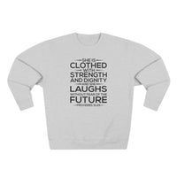 Load image into Gallery viewer, She Is Clothed Unisex Crewneck Sweatshirt (Black Lettering)
