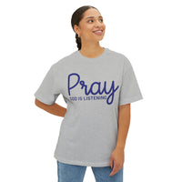 Load image into Gallery viewer, Pray God Is Listening Unisex Oversized Boxy T-Shirt (Dark Blue Lettering)
