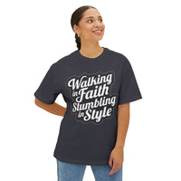 Load image into Gallery viewer, Walking in Faith Stumbling in Style Unisex Oversized Boxy T-Shirt
