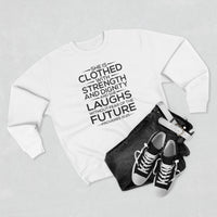Load image into Gallery viewer, She Is Clothed Unisex Crewneck Sweatshirt (Black Lettering)
