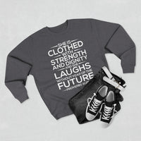 Load image into Gallery viewer, She Is Clothed With Strength And Dignity Unisex Crewneck Sweatshirt (White Lettering)
