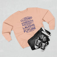 Load image into Gallery viewer, She Is Clothed Unisex Crewneck Sweatshirt (Dark Blue Lettering)

