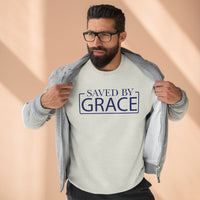 Load image into Gallery viewer, Saved By Grace 1.0 Unisex Crewneck Sweatshirt (Dark Blue Lettering)
