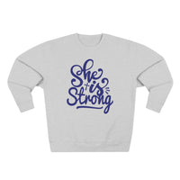 Load image into Gallery viewer, She Is Strong Unisex Crewneck Sweatshirt (Dark Blue Lettering)
