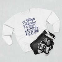 Load image into Gallery viewer, She Is Clothed Unisex Crewneck Sweatshirt (Dark Blue Lettering)
