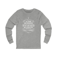 Load image into Gallery viewer, Be Strong and Courageous Unisex Crewneck Long Sleeve T-Shirt (Mountain/Cross with White Lettering)
