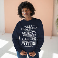 Load image into Gallery viewer, She Is Clothed With Strength And Dignity Unisex Crewneck Sweatshirt (White Lettering)
