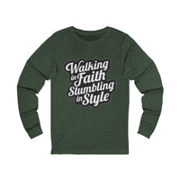 Load image into Gallery viewer, Walking in Faith Stumbling in Style Unisex Crewneck Long Sleeve T-Shirt
