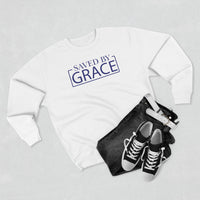 Load image into Gallery viewer, Saved By Grace 1.0 Unisex Crewneck Sweatshirt (Dark Blue Lettering)
