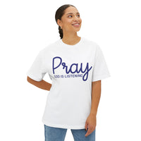 Load image into Gallery viewer, Pray God Is Listening Unisex Oversized Boxy T-Shirt (Dark Blue Lettering)

