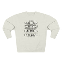 Load image into Gallery viewer, She Is Clothed Unisex Crewneck Sweatshirt (Black Lettering)
