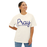 Load image into Gallery viewer, Pray God Is Listening Unisex Oversized Boxy T-Shirt (Dark Blue Lettering)
