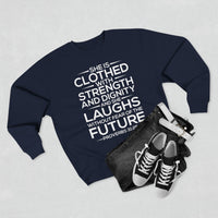 Load image into Gallery viewer, She Is Clothed With Strength And Dignity Unisex Crewneck Sweatshirt (White Lettering)
