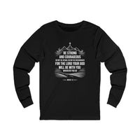 Load image into Gallery viewer, Be Strong and Courageous Unisex Crewneck Long Sleeve T-Shirt (Mountain/Cross with White Lettering)

