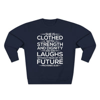 Load image into Gallery viewer, She Is Clothed With Strength And Dignity Unisex Crewneck Sweatshirt (White Lettering)
